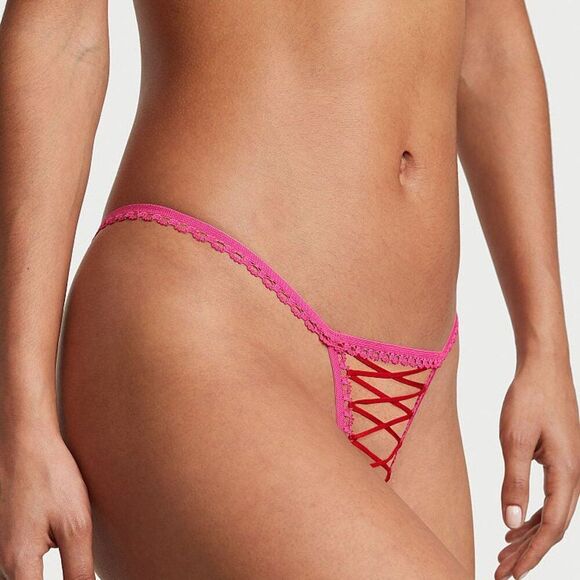 EXTRA LARGE {Victoria's Secret} Pink Lace Up Crotchless Thong - Picture 4 of 6